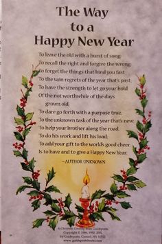 an advertisement for the new year with holly wreath and candle