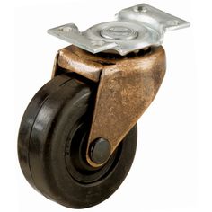 a brown casteor with two black wheels on a white background and the bottom one has a metal plate