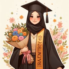 a woman in a graduation gown holding flowers