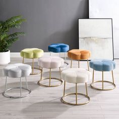 six different colored stools sitting in front of a plant