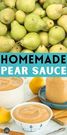 homemade pear sauce in small bowls next to fresh pears and cinnamon sticks on a table