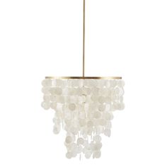 a chandelier with white beads hanging from it's gold metal frame and light fixture