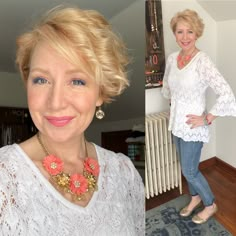 a woman with blonde hair wearing a white top and blue jeans is smiling at the camera