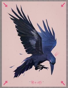 a painting of a blue bird with black wings