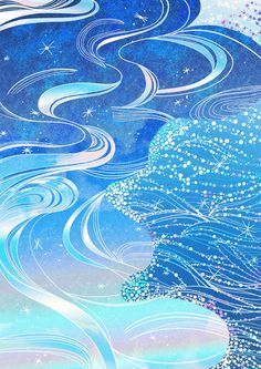 an artistic painting with blue and white swirls on it's face, in front of the night sky