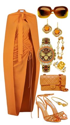 an orange dress and accessories are arranged in the shape of a woman's wardrobe