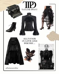 a collage of black clothing and accessories