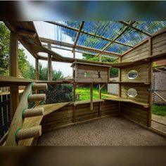 the inside of a chicken coop with several cages and stairs on each side, in front of trees