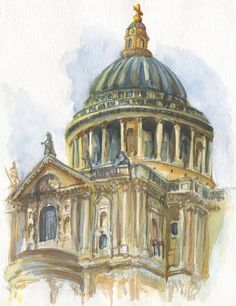 watercolor painting of the dome of st paul's cathedral in london, england