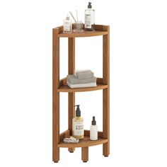 three tiered wooden shelf with soap and lotion