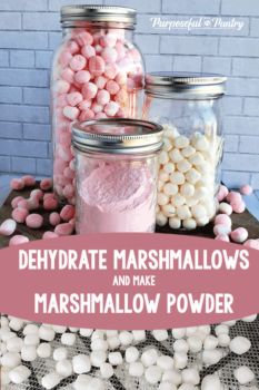 pink and white marshmallows in mason jars with text overlay that reads, dehydrate marshmallows and make marshmallow powder