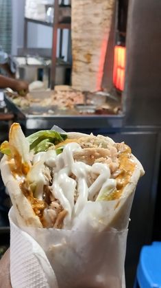 a hand holding a wrap filled with meat and vegetables