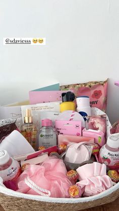 a basket filled with lots of beauty products