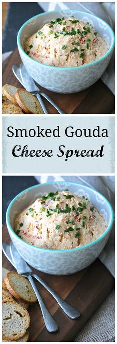 smoked goudaa cheese spread in a white bowl with bread slices on the side