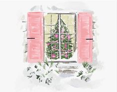 an illustration of a window with pink shutters and a christmas tree in the snow