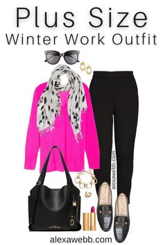 Plus Size Winter Work Outfits with plus size hot pink sweater, black ankle pants, grey leopard scarf, tote bag, and loafers. A plus size business casual outfit idea for winter by Alexa Webb. Hot Pink Sweater Outfit Winter, Stylish Work Outfits Fall, Plus Size Winter Work Outfits, Pink Sweater Outfit Winter, Hot Pink Sweater Outfit, Pullover Sweaters Outfits, Plus Size Business Casual, Leisure Outfits, Pink Sweater Outfit