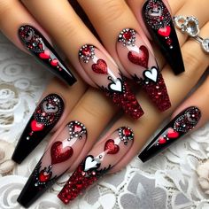 Halloween Nails Queen Of Hearts, Queen Nails Designs Crown, Creepy Valentines Nails, Queen Of Hearts Nails Acrylic, Queen Nails Designs, Bling Valentines Nails, Red And Black Valentines Day Nails, Austin Nails, Queen Of Hearts Nails Designs