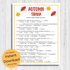 an autumn trivia printable for kids to use on their own wall or table