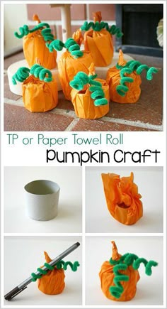 there are several pictures of pumpkins made out of toilet paper and some other things