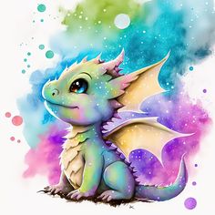 a watercolor painting of a dragon sitting on the ground with bubbles in the background