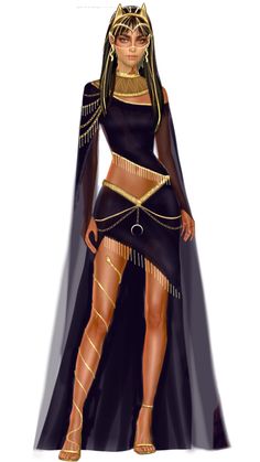 an egyptian woman dressed in black and gold