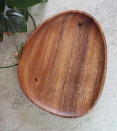 a wooden plate sitting on top of a floor next to a potted green plant