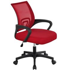 a red office chair with black frame and arms