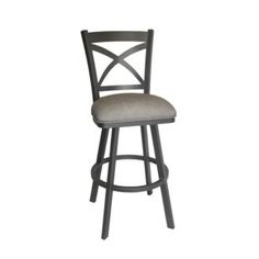 an upholstered bar stool with a cross backrest and grey fabric seat pad