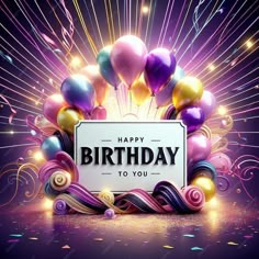 happy birthday to you card with balloons and streamers on purple background, 3d illustration