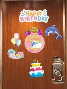 a wooden door with birthday decorations on it