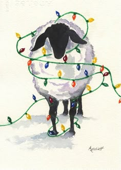 a painting of a sheep with christmas lights on it's back and its head wrapped in stringing