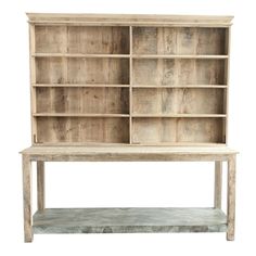 an old wooden bookcase with shelves on the top and bottom, isolated against a white background