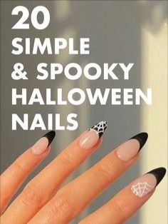 Witch Nails Designs Simple, Halloween Nails On Real Nails, Cute Easy Diy Halloween Nails, Simple Chic Halloween Nails, Black N White Halloween Nails, Simple Black And White Halloween Nails, Black French Tip Nails With Ghost, Black Almond Nails Halloween, Subtle Halloween Nails Black