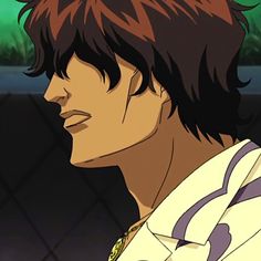 an anime character with brown hair and white shirt looking off to the side in front of a green background