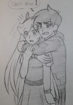 a drawing of two people hugging each other with the caption she's mine