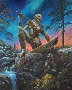 Oil painting of a dragonborn and a giant inspired by the Elder Scrolls game series. Dragon Skyrim, Skyrim Dragonborn, Scrolls Game, Elder Scrolls Games, Skyrim Art, Elder Scrolls Art, Fairytale House, Elder Scrolls Skyrim, Elder Scrolls Online