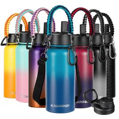 six different colors of water bottles with lanyards on each side and one in the middle