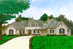 this is an artist's rendering of a house in the country side with green grass and trees