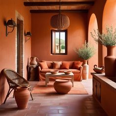 an orange living room with potted plants on the table and two vases in the corner