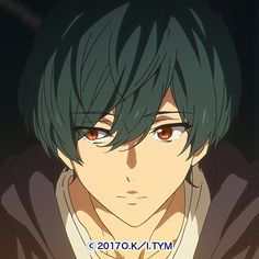 an anime character with green hair and brown eyes looking at the camera, in front of a dark background