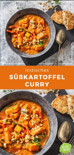 two bowls filled with curry next to some bread