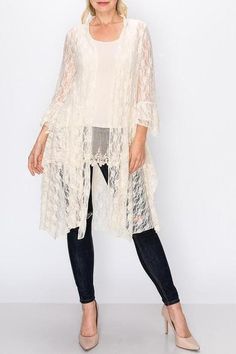 Lydia Lace Duster Sheer Cardigan Outfit, Cardigan Outfit Ideas, Jeans With Lace, Lace Duster, Lace Skirts, Sheer Cardigan, Shabby Chic Clothes, Cardigan Design, Cardigan Outfit