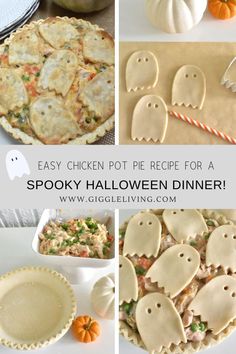 easy chicken pot pie recipe for a spooky halloween dinner with pumpkins and ghost cookies