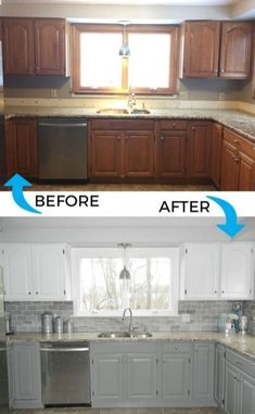 before and after pictures of a kitchen remodel with white cabinets, stainless steel appliances and granite counter tops