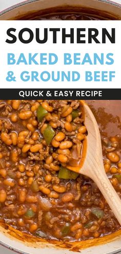 baked beans and ground beef in a pot with a wooden spoon on the side text reads southern baked beans and ground beef quick and easy recipe