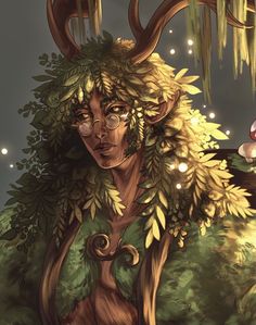 an illustration of a woman with horns and foliage on her head, surrounded by mushrooms