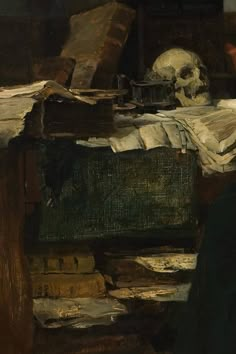 a painting of a skull and books on a table