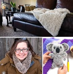 a collage of photos including a woman holding a stuffed koala