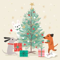 two dogs are decorating a christmas tree with presents in front of the dog is an ornament