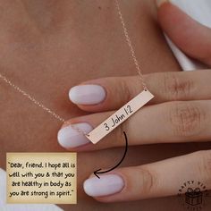 This scripture necklace is a beautiful piece of faith jewelry, perfect as a Christian gift or religious encouragement gift. This bible verse necklace makes a thoughtful spiritual gift for women, teen girls, and those seeking comfort in prayer. It's a customizable bible verse bar necklace available in stainless steel with silver, gold, and rose gold plating, suitable as Christian jewelry, a religious gift for women, or a confirmation gift, sympathy gift, or just because gift. 💖 Personalized Scri Scripture Necklace, Bible Verse Necklace, Encouragement Gift, Bar Necklace Personalized, Faith Jewelry, Encouragement Gifts, Confirmation Gifts, Les Couples, Gift For Woman